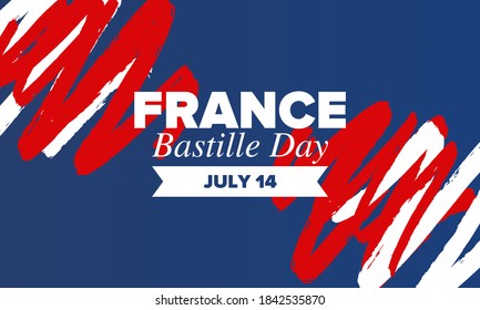 Bastille Day in France. National happy holiday, celebrated annual in July 14. French flag. France independence and freedom. Patriotic elements. Festive and parade design. Vector poster illustration