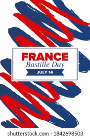 Bastille Day in France. National happy holiday, celebrated annual in July 14. French flag. France independence and freedom. Patriotic elements. Festive and parade design. Vector poster illustration