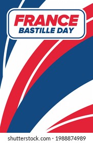 Bastille Day in France. National happy holiday, celebrated annual in July 14. French flag. France independence and freedom. Patriotic elements. Festive and parade design. Vector poster illustration