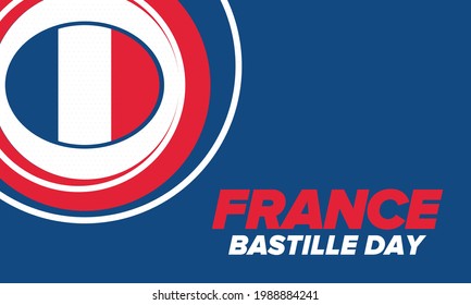 Bastille Day in France. National happy holiday, celebrated annual in July 14. French flag. France independence and freedom. Patriotic elements. Festive and parade design. Vector poster illustration