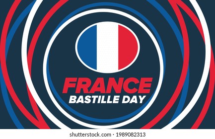 Bastille Day in France. National happy holiday, celebrated annual in July 14. French flag. France independence and freedom. Patriotic elements. Festive and parade design. Vector poster illustration