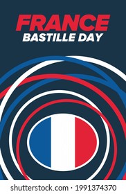Bastille Day in France. National happy holiday, celebrated annual in July 14. French flag. France independence and freedom. Patriotic elements. Festive and parade design. Vector poster illustration