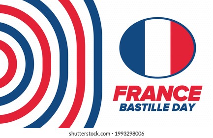 Bastille Day in France. National happy holiday, celebrated annual in July 14. French flag. France independence and freedom. Patriotic elements. Festive and parade design. Vector poster illustration