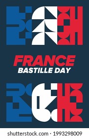 Bastille Day in France. National happy holiday, celebrated annual in July 14. French flag. France independence and freedom. Patriotic elements. Festive and parade design. Vector poster illustration