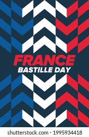 Bastille Day in France. National happy holiday, celebrated annual in July 14. French flag. France independence and freedom. Patriotic elements. Festive and parade design. Vector poster illustration