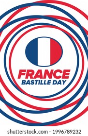 Bastille Day in France. National happy holiday, celebrated annual in July 14. French flag. France independence and freedom. Patriotic elements. Festive and parade design. Vector poster illustration