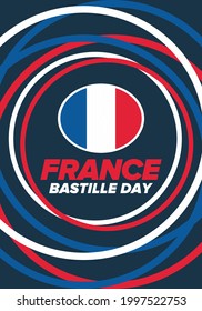 Bastille Day in France. National happy holiday, celebrated annual in July 14. French flag. France independence and freedom. Patriotic elements. Festive and parade design. Vector poster illustration