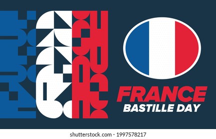 Bastille Day in France. National happy holiday, celebrated annual in July 14. French flag. France independence and freedom. Patriotic elements. Festive and parade design. Vector poster illustration