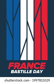 Bastille Day in France. National happy holiday, celebrated annual in July 14. French flag. France independence and freedom. Patriotic elements. Festive and parade design. Vector poster illustration