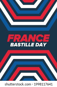 Bastille Day in France. National happy holiday, celebrated annual in July 14. French flag. France independence and freedom. Patriotic elements. Festive and parade design. Vector poster illustration