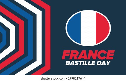 Bastille Day in France. National happy holiday, celebrated annual in July 14. French flag. France independence and freedom. Patriotic elements. Festive and parade design. Vector poster illustration