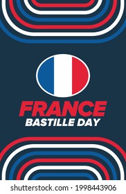 Bastille Day in France. National happy holiday, celebrated annual in July 14. French flag. France independence and freedom. Patriotic elements. Festive and parade design. Vector poster illustration