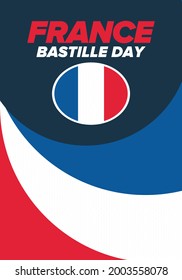 Bastille Day in France. National happy holiday, celebrated annual in July 14. French flag. France independence and freedom. Patriotic elements. Festive and parade design. Vector poster illustration