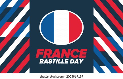 Bastille Day in France. National happy holiday, celebrated annual in July 14. French flag. France independence and freedom. Patriotic elements. Festive and parade design. Vector poster illustration