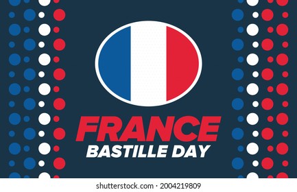 Bastille Day in France. National happy holiday, celebrated annual in July 14. French flag. France independence and freedom. Patriotic elements. Festive and parade design. Vector poster illustration