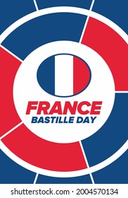 Bastille Day in France. National happy holiday, celebrated annual in July 14. French flag. France independence and freedom. Patriotic elements. Festive and parade design. Vector poster illustration
