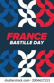 Bastille Day in France. National happy holiday, celebrated annual in July 14. French flag. France independence and freedom. Patriotic elements. Festive and parade design. Vector poster illustration