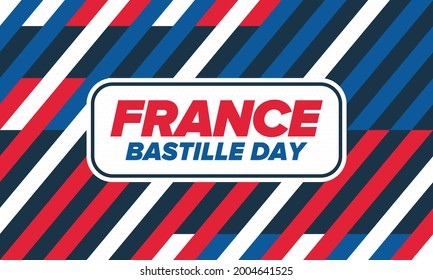 Bastille Day in France. National happy holiday, celebrated annual in July 14. French flag. France independence and freedom. Patriotic elements. Festive and parade design. Vector poster illustration