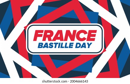 Bastille Day in France. National happy holiday, celebrated annual in July 14. French flag. France independence and freedom. Patriotic elements. Festive and parade design. Vector poster illustration