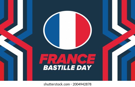 Bastille Day in France. National happy holiday, celebrated annual in July 14. French flag. France independence and freedom. Patriotic elements. Festive and parade design. Vector poster illustration