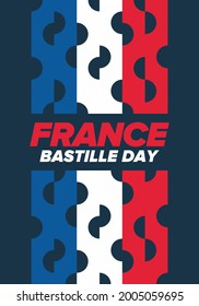 Bastille Day in France. National happy holiday, celebrated annual in July 14. French flag. France independence and freedom. Patriotic elements. Festive and parade design. Vector poster illustration