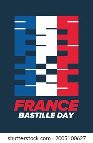 Bastille Day in France. National happy holiday, celebrated annual in July 14. French flag. France independence and freedom. Patriotic elements. Festive and parade design. Vector poster illustration
