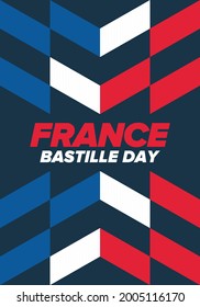 Bastille Day in France. National happy holiday, celebrated annual in July 14. French flag. France independence and freedom. Patriotic elements. Festive and parade design. Vector poster illustration