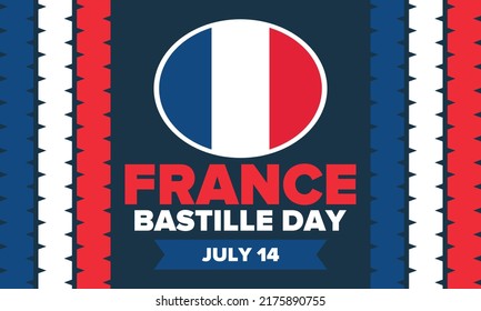 Bastille Day in France. National happy holiday, celebrated annual in July 14. French flag. France independence and freedom. Patriotic elements. Festive and parade design. Vector poster illustration