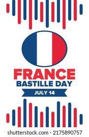 Bastille Day in France. National happy holiday, celebrated annual in July 14. French flag. France independence and freedom. Patriotic elements. Festive and parade design. Vector poster illustration