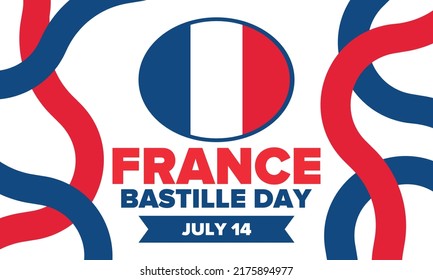 Bastille Day in France. National happy holiday, celebrated annual in July 14. French flag. France independence and freedom. Patriotic elements. Festive and parade design. Vector poster illustration