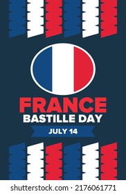 Bastille Day in France. National happy holiday, celebrated annual in July 14. French flag. France independence and freedom. Patriotic elements. Festive and parade design. Vector poster illustration