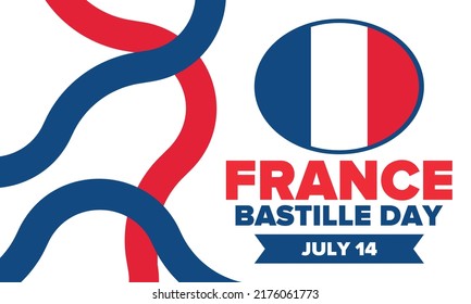 Bastille Day in France. National happy holiday, celebrated annual in July 14. French flag. France independence and freedom. Patriotic elements. Festive and parade design. Vector poster illustration