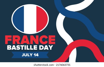 Bastille Day in France. National happy holiday, celebrated annual in July 14. French flag. France independence and freedom. Patriotic elements. Festive and parade design. Vector poster illustration