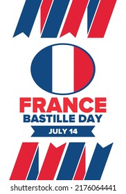 Bastille Day in France. National happy holiday, celebrated annual in July 14. French flag. France independence and freedom. Patriotic elements. Festive and parade design. Vector poster illustration