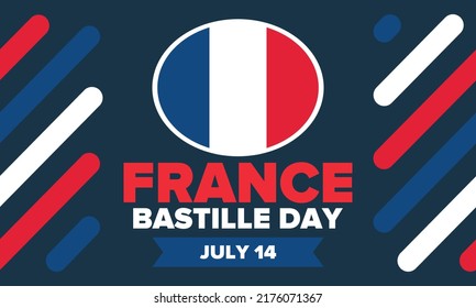 Bastille Day in France. National happy holiday, celebrated annual in July 14. French flag. France independence and freedom. Patriotic elements. Festive and parade design. Vector poster illustration