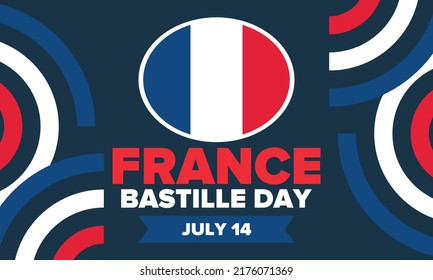 Bastille Day in France. National happy holiday, celebrated annual in July 14. French flag. France independence and freedom. Patriotic elements. Festive and parade design. Vector poster illustration