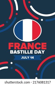 Bastille Day in France. National happy holiday, celebrated annual in July 14. French flag. France independence and freedom. Patriotic elements. Festive and parade design. Vector poster illustration