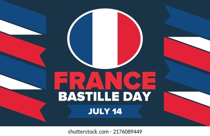 Bastille Day in France. National happy holiday, celebrated annual in July 14. French flag. France independence and freedom. Patriotic elements. Festive and parade design. Vector poster illustration