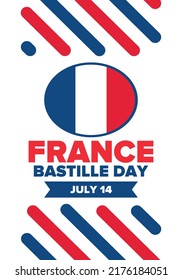 Bastille Day in France. National happy holiday, celebrated annual in July 14. French flag. France independence and freedom. Patriotic elements. Festive and parade design. Vector poster illustration