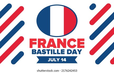 Bastille Day in France. National happy holiday, celebrated annual in July 14. French flag. France independence and freedom. Patriotic elements. Festive and parade design. Vector poster illustration