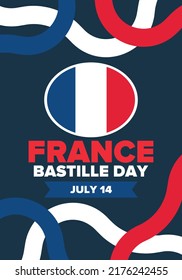 Bastille Day in France. National happy holiday, celebrated annual in July 14. French flag. France independence and freedom. Patriotic elements. Festive and parade design. Vector poster illustration