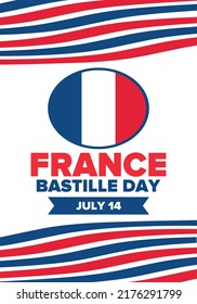 Bastille Day in France. National happy holiday, celebrated annual in July 14. French flag. France independence and freedom. Patriotic elements. Festive and parade design. Vector poster illustration