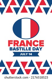 Bastille Day in France. National happy holiday, celebrated annual in July 14. French flag. France independence and freedom. Patriotic elements. Festive and parade design. Vector poster illustration