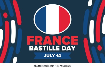 Bastille Day in France. National happy holiday, celebrated annual in July 14. French flag. France independence and freedom. Patriotic elements. Festive and parade design. Vector poster illustration