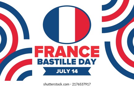 Bastille Day in France. National happy holiday, celebrated annual in July 14. French flag. France independence and freedom. Patriotic elements. Festive and parade design. Vector poster illustration