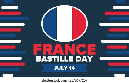 Bastille Day in France. National happy holiday, celebrated annual in July 14. French flag. France independence and freedom. Patriotic elements. Festive and parade design. Vector poster illustration