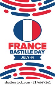 Bastille Day in France. National happy holiday, celebrated annual in July 14. French flag. France independence and freedom. Patriotic elements. Festive and parade design. Vector poster illustration