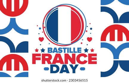 Día de la Bastilla en Francia. Fiesta nacional feliz, celebrada anualmente el 14 de julio. Bandera francesa. Independencia y libertad de Francia. Elementos patrióticos. Diseño festivo y de desfile. Ilustración de póster vectorial