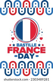 Día de la Bastilla en Francia. Fiesta nacional feliz, celebrada anualmente el 14 de julio. Bandera francesa. Independencia y libertad de Francia. Elementos patrióticos. Diseño festivo y de desfile. Ilustración de póster vectorial