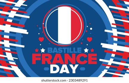 Día de la Bastilla en Francia. Fiesta nacional feliz, celebrada anualmente el 14 de julio. Bandera francesa. Independencia y libertad de Francia. Elementos patrióticos. Diseño festivo y de desfile. Ilustración de póster vectorial